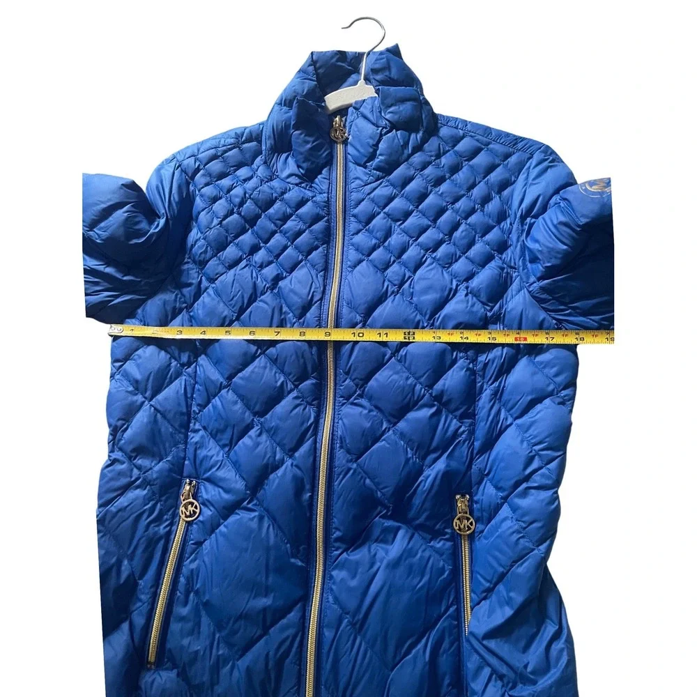Michael Kors Womens Packable Down Puffer Jacket Blue Diamond Quilted Gold Zip‎ M